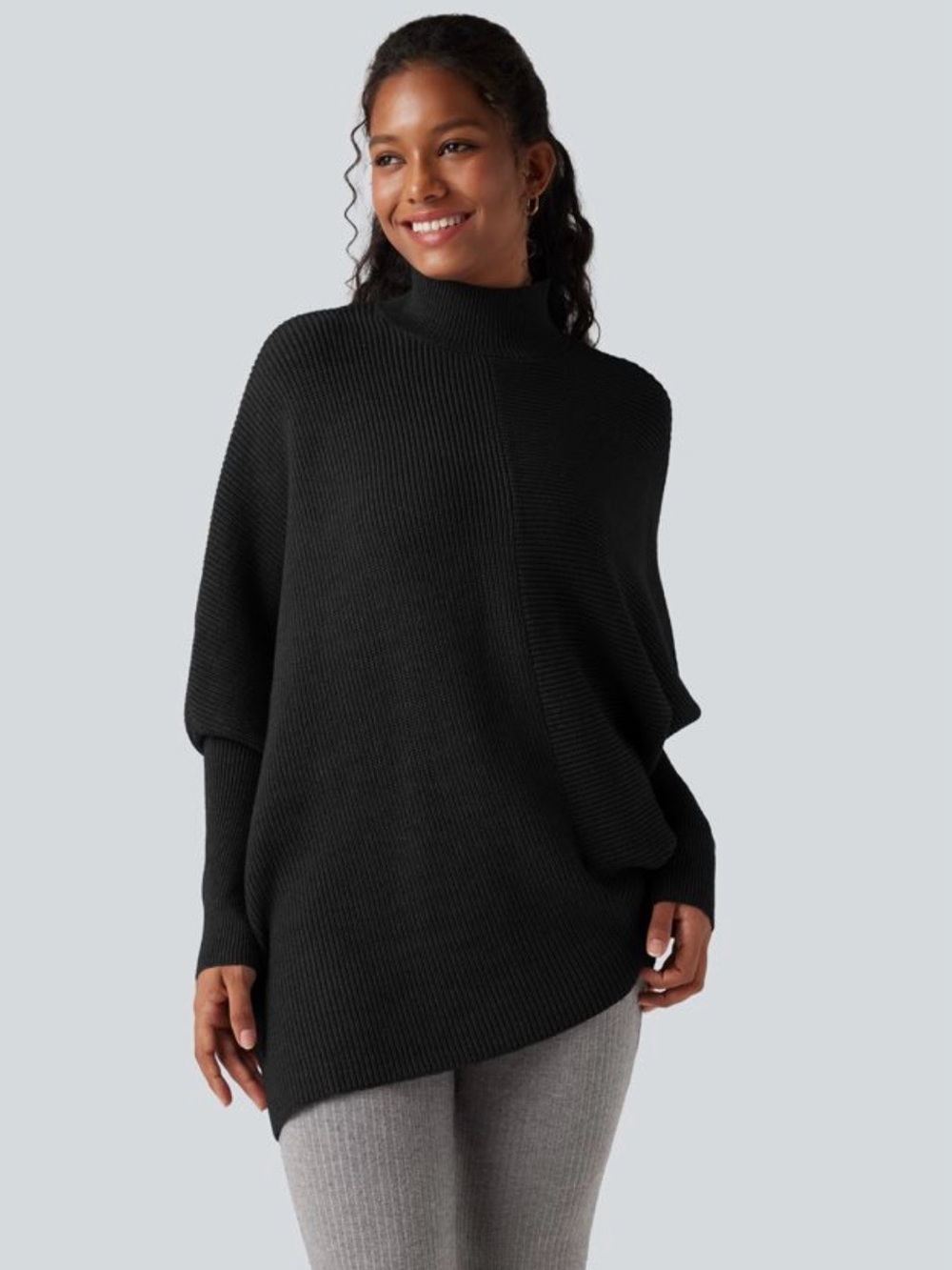 HALARA High Neck Batwing Long Sleeve Asymmetric Hem Work Sweater